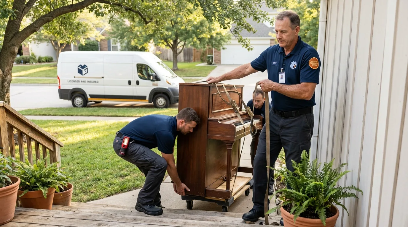 Licensed piano movers securing grand piano in Coushatta, LA