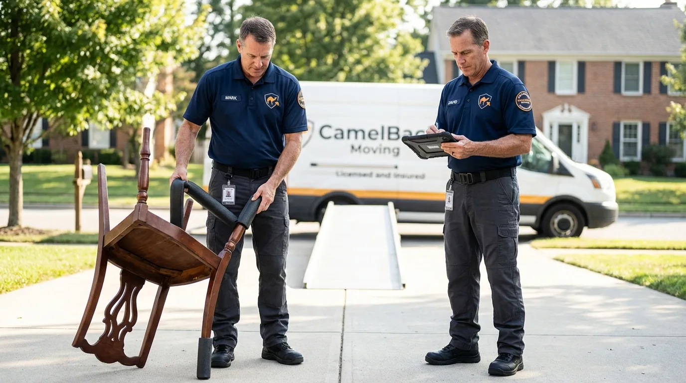 Movers inspecting furniture for damage prevention before loading in Coushatta, LA